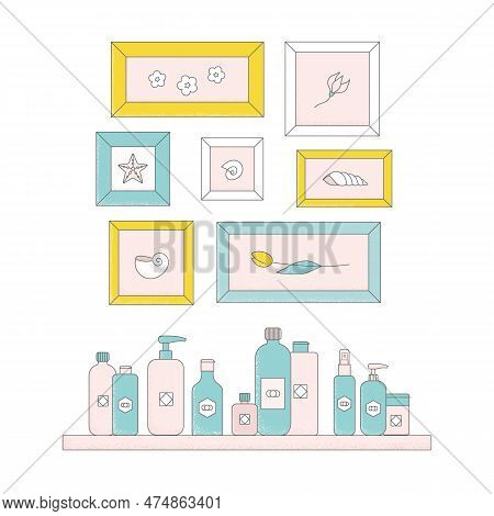 Bright Cartoon Cosmetic Bottles On Shalf. Bright Body Cream Tube, Cleanser, Oil, Lotion, Scandinavia