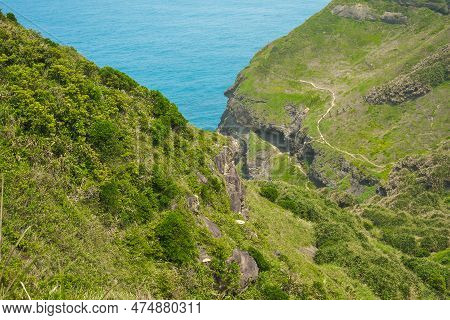 Natural Green Mountain And Valley Landscape Scenic View Of Bitou Cape (bitoujiao) On A Clear Blue Sk