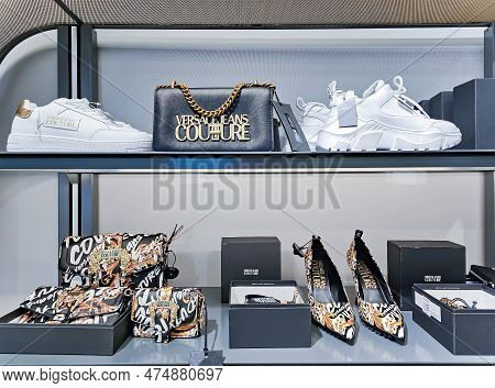 Latvia, Riga, April, 2023 - Versace Expensive Fashion Brand Display In Stockmann Shopping Mall. Riga