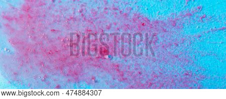 Banner. Textured Liquid Background With Red Particles On Blue Background. Laboratory Studies. Cosmet