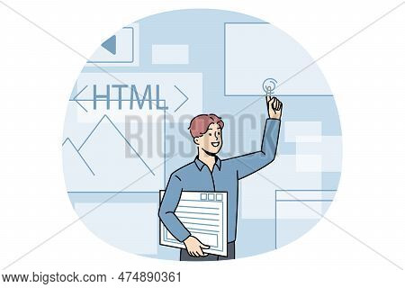 Computer Programming And Html Concept. Young Man Web Designer Computer Programmer Standing And Point