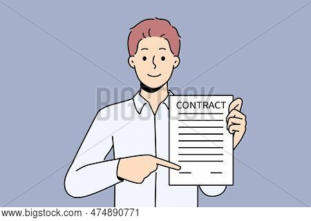Smiling Businessman Show Place For Signature On Contract. Happy Male Employer Demonstrate Space To S