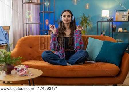 Keep Calm Down, Relax, Inner Balance. Young Woman Breathes Deeply With Mudra Gesture, Eyes Closed Me