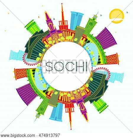 Sochi Russia City Skyline With Color Buildings, Blue Sky And Copy Space. Vector Illustration. Travel