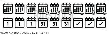 Calendar Icons Set. Schedule Agenda Pictogram. Appointment Time Day Date Calendar Sign. Calendar Sym