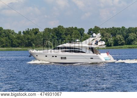 Close-up Of White Luxury Yacht In Motion On The Dniepr River, Side View