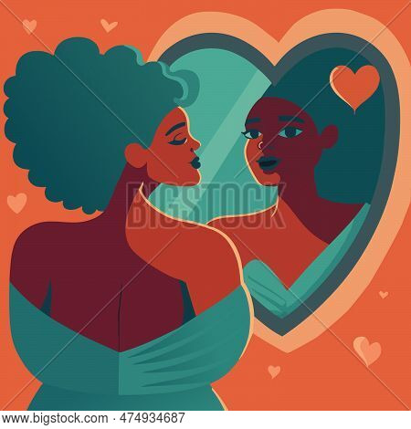 Beautiful Woman Admires Her Reflection In The Mirror. Self-love, Care. Vector Illustration.