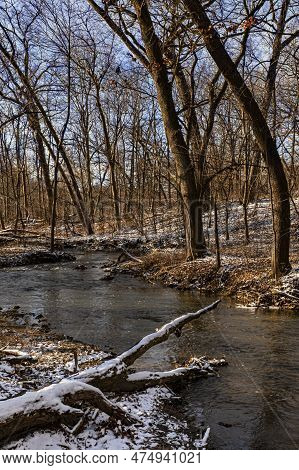 The Surrounding Forest Is Dusted With A Freash Snow Along The Banks Of Hammel Creek, Hammel Woods Fo