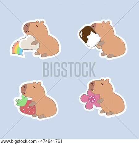 Set Of Cute Capybara Hold Various Object Stand On White Background.friendly Animal Character Cartoon