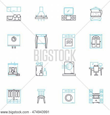 Furnishings Shop Linear Icons Set. Sofas, Chairs, Tables, Desks, Beds, Mattresses, Rugs Line Vector 