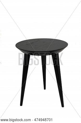 Round Black Wooden Coffee Table On Three Legs With A Beautiful Wood Texture. Isolated On A White Bac
