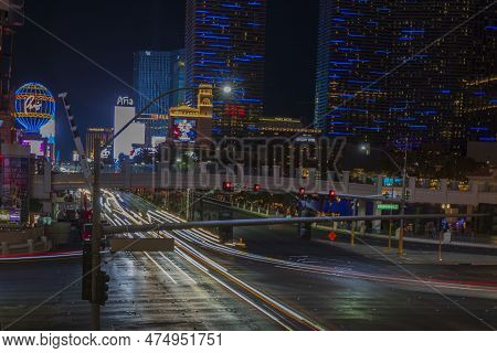 Gorgeous Out-of-focus Colorful Tracers Of Strip Road. Night Las Vegas Cityscape View. Nevada, Las Ve