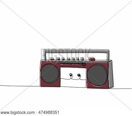Record Player, Tape Recorder One Line Color Art. Continuous Line Drawing Of Tape, Retro, Cassette, V