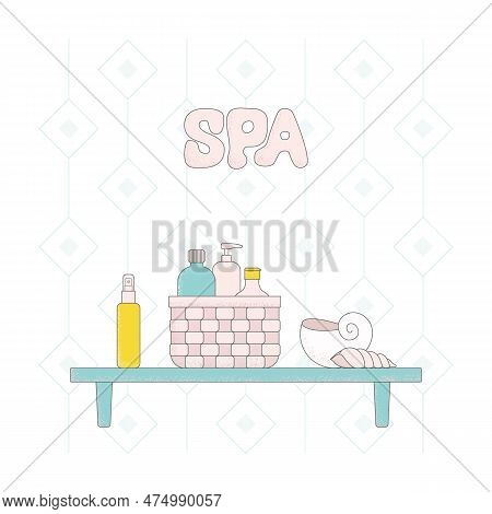 Color Cartoon Cosmetic Bottles On Shalf. Bright Body Cream Tube, Cleanser, Oil, Lotion In Basket Vec