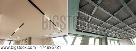 Construction Of The Wooden Frame Of A Roof - Construction Of Drywall-plasterboard Before And After