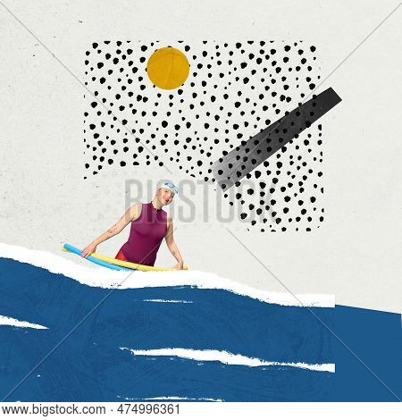 Young Smiling Woman Swimming Into Abstract Sea. Summertime Vacation, Fun, Enjoyment. Contemporary Ar