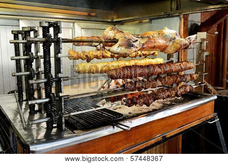 Grilled Meat At Traditional Greek Restaurant In Metsovo Village, Greece