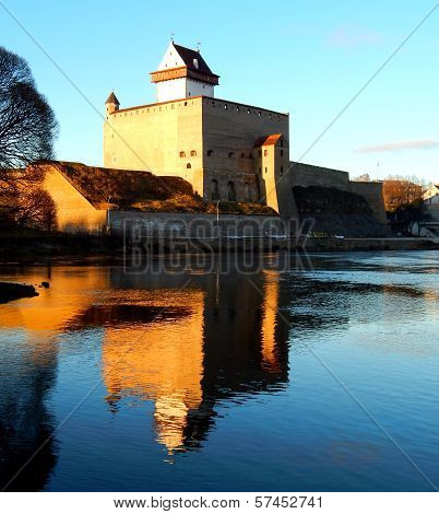 Narva castle in Estonia with reflection