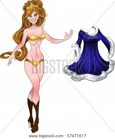 New Year's Girl In Blue Dress And In Her Underthings. Vector