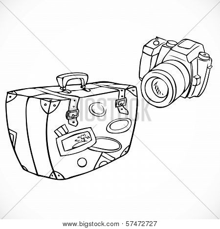A Set Of Tourist - Camera And A Suitcase Packed Full Of Things