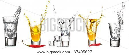 Collage of glasses vodka with splashes isolated on white