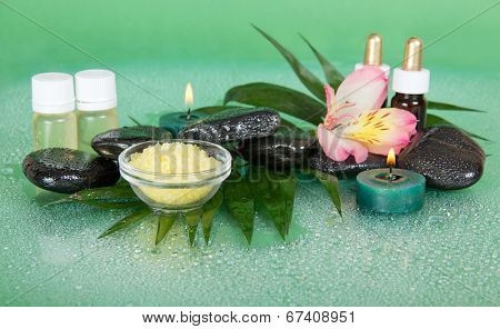 Set of oils, salt, candles, stones and flower