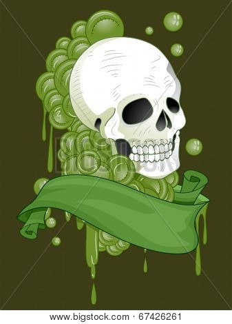 Illustration of a Tattoo Design Featuring a Skull with a Green Ribbon Wrapped Around it