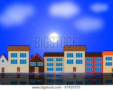 Moon Houses Shows Night Time And Apartment