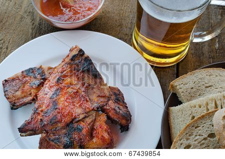 Spareribs On Grill With Hot Marinade, Czech Beer