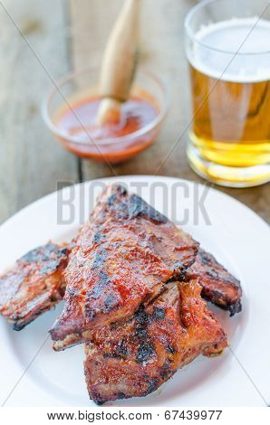 Spareribs On Grill With Hot Marinade, Czech Beer
