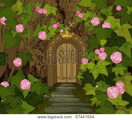 The tree trunk with gates to the Magic Elves Castle. Raster version.  