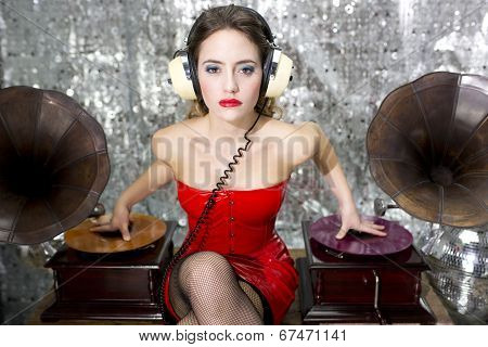 Beautful Disco Dj With Gramophones