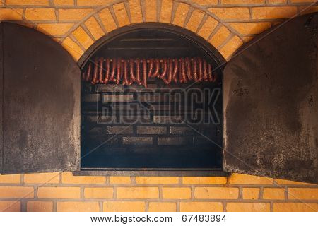 Traditional Food. Smoked Sausuages In Smokehouse.