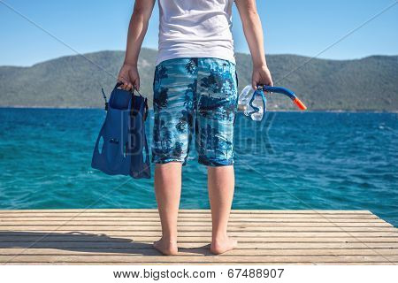 man with fins and mask