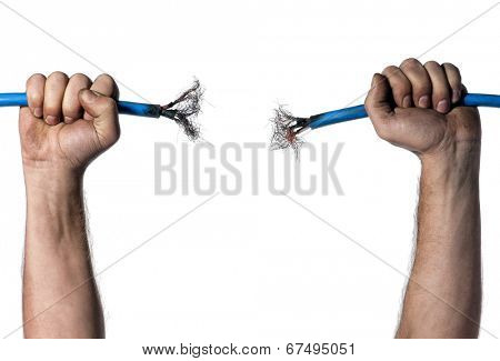 Hands of electrician with cable over white background
