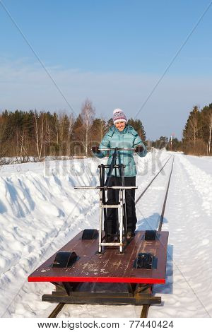 Red Handcar On A Narrow Rails