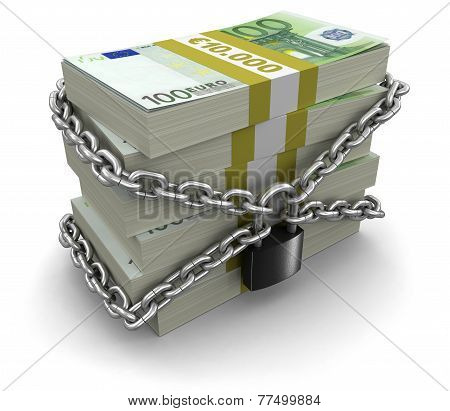 Pile of Euro and lock (clipping path included)