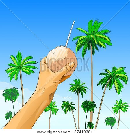 touris hand hold coconut with straw over palm tree