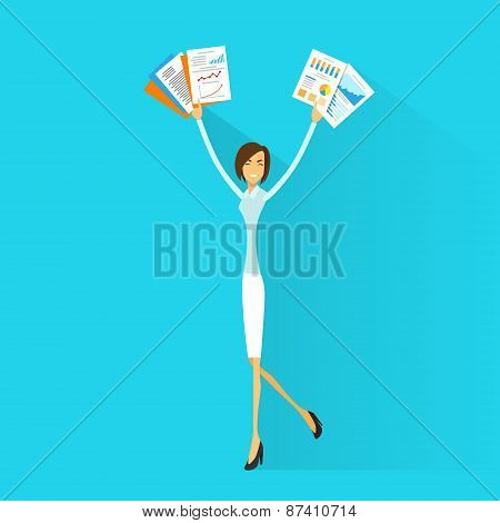Business woman excited hold hands up raised arms paper documents
