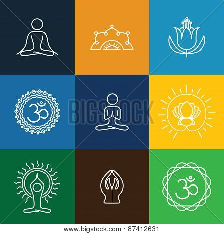 Vector Yoga Icons & Round Line Badges - Graphic Design Elements In Outline Style