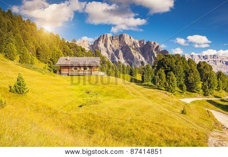 Great view on the Pizes de Cir ridge, valley Gardena. National Park Dolomites, South Tyrol. Location village Ortisei, S. Cristina and Selva Gardena, Italy, Europe. Dramatic unusual scene. Beauty world