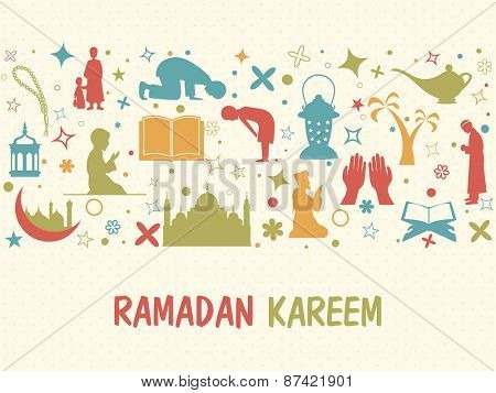 Illustration of islamic elements and religious muslim people in various activities to follow their traditional rituals for holy month of muslim community, Ramadan Kareem celebration.