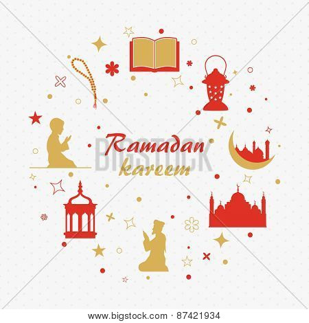 Holy month of muslim community, Ramadan Kareem celebration with illustration of islamic elements and people.
