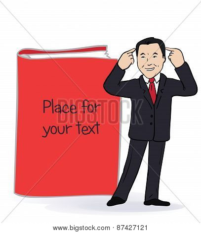 Illustration of smiling businessman standing near the big book. Card with place for text