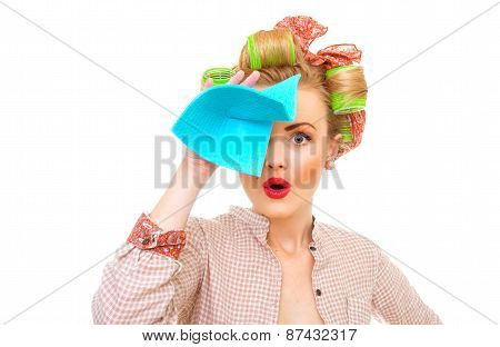 Funny Young Housewife Holding Rag / Wipe, Isolated On White. Pin-up Girl