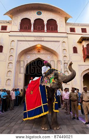 Jaipur, India - March 29, 2009 : people and elephants of the city are celebrating the gangaur festival one of the most important of the year march 29 2009 in jaipur,rajasthan,india