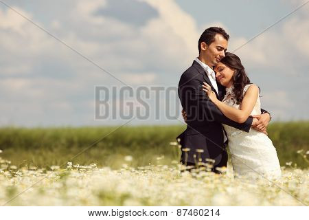 Bride And Groom Posing In The Fields