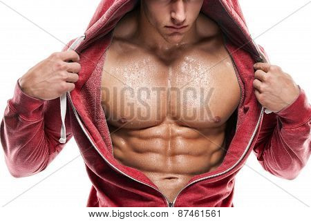 Strong Athletic Man Fitness Model Torso Showing Six Pack Abs. Isolated On White Background