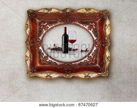 Bottle And Glass Wine In Old Picture Frame On Marble Background
