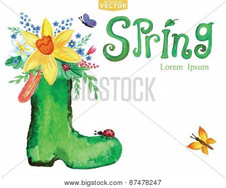 Watercolor Spring card.Word,rubber boots,floral group